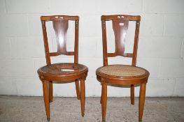 PAIR OF EARLY 20TH CENTURY CANE SEATED CHAIRS WITH INLAID AND APPLIED METAL DECORATION, HEIGHT