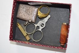 SMALL SILVER METAL VESTA CASE, GILT RING, SMALL PAIR OF SCISSORS ETC