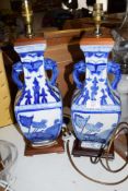 PAIR OF LAMPS WITH A BLUE AND WHITE CERAMIC DESIGN