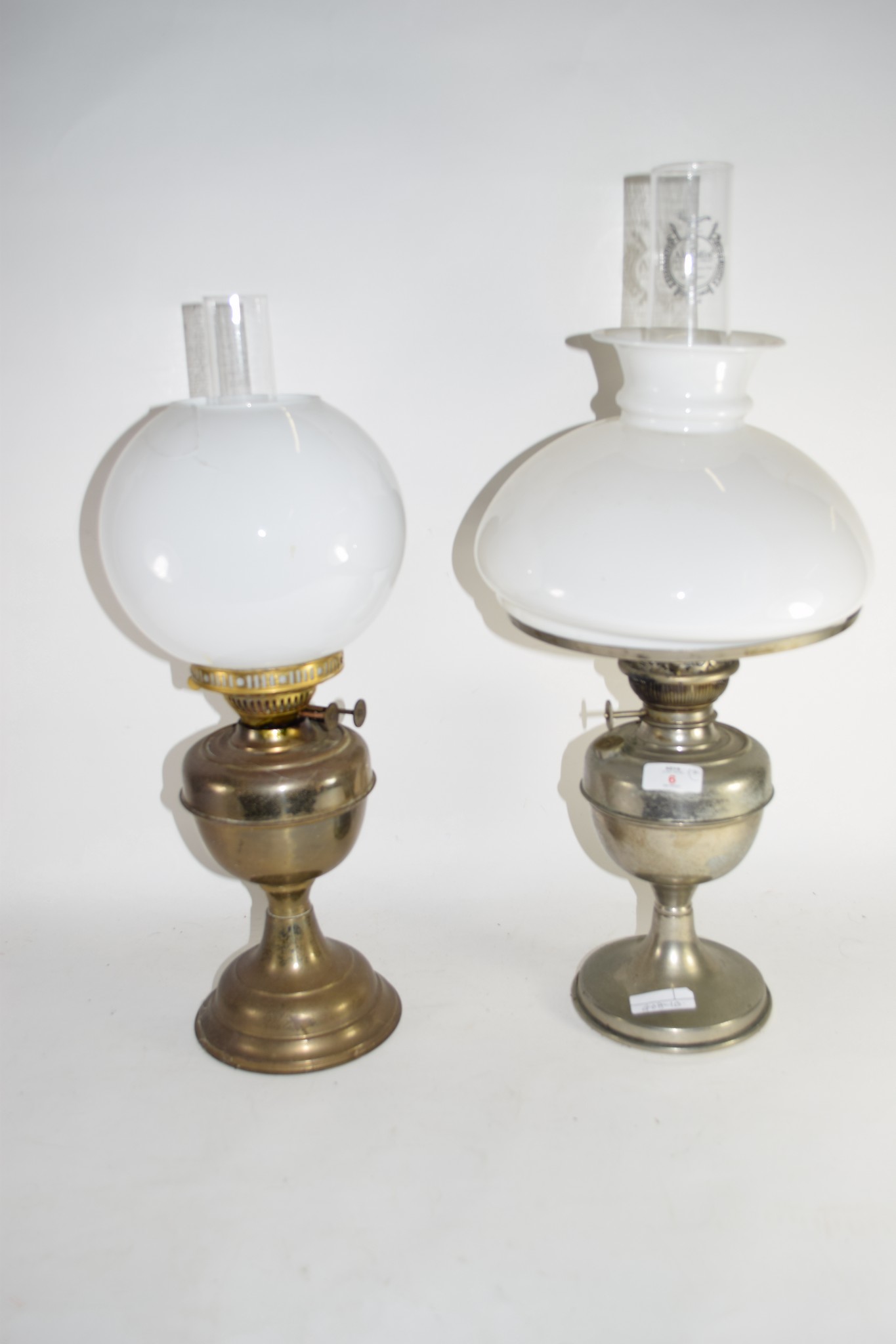 TWO METAL LAMPS WITH GLASS OPAQUE SHADES AND CHIMNEYS - Image 2 of 2