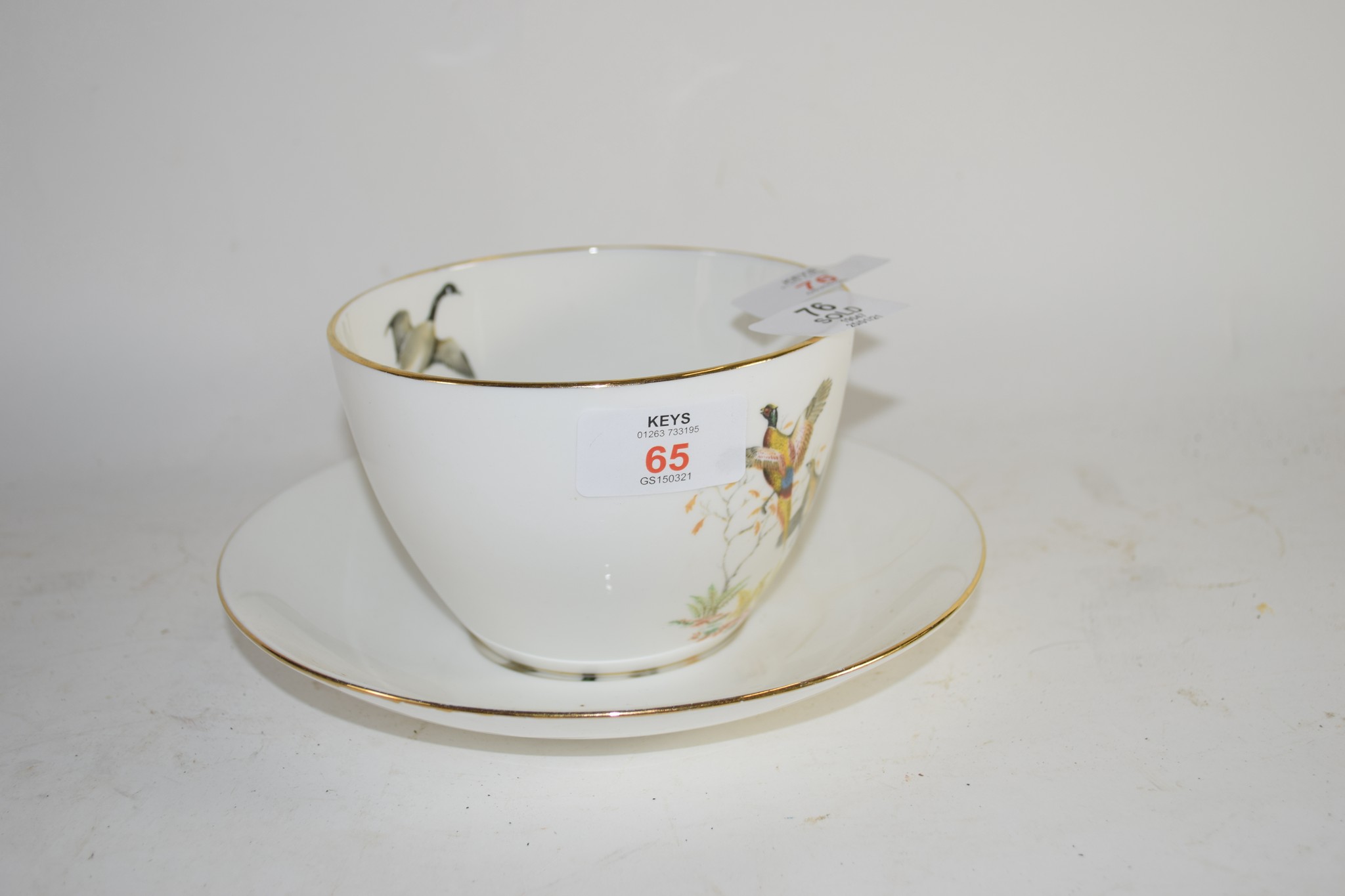 LARGE QUEENSBURY STAFFORDSHIRE BREAKFAST CUP AND SAUCER DECORATED WITH DUCKS IN FLIGHT