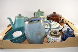 TRAY CONTAINING CERAMIC ITEMS, MAINLY KITCHEN WARES, COMPRISING VARIOUS JUGS AND COVERS, BROWN