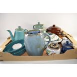 TRAY CONTAINING CERAMIC ITEMS, MAINLY KITCHEN WARES, COMPRISING VARIOUS JUGS AND COVERS, BROWN