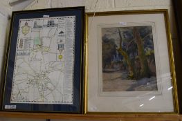 MAP OF AYLSHAM, TOGETHER WITH A WATERCOLOUR OF TREES