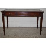 GOOD QUALITY MAHOGANY EFFECT REPRODUCTION WRITING TABLE RAISED ON TAPERED LEGS WITH THREE DRAWERS