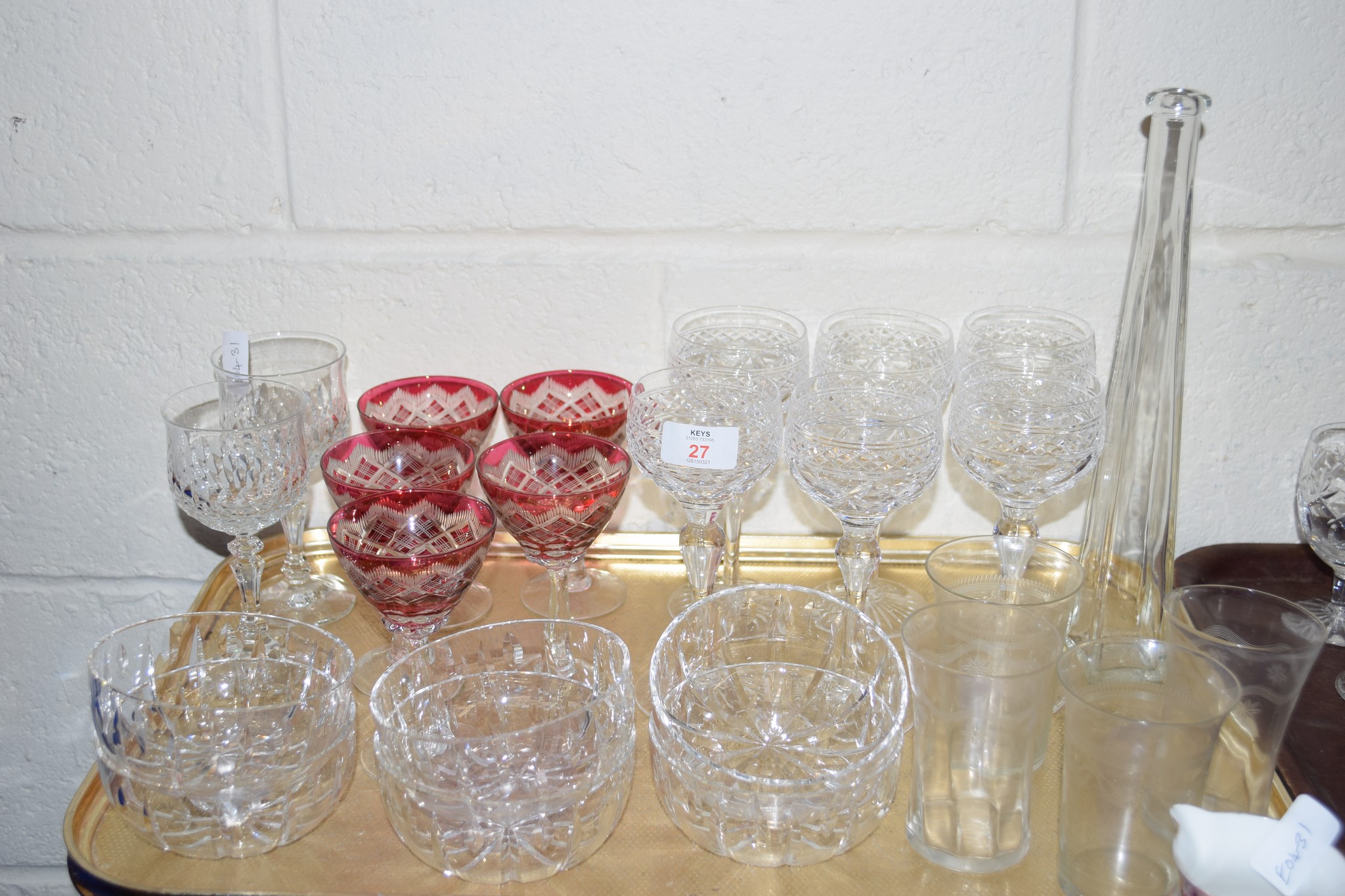 TRAY CONTAINING GLASS WARES INCLUDING SET OF SIX CUT GLASS GOBLETS BY STUART GLASS