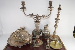 TRAY CONTAINING QUANTITY OF PLATED WARES INCLUDING CANDELABRA AND TWO PLATED DISHES