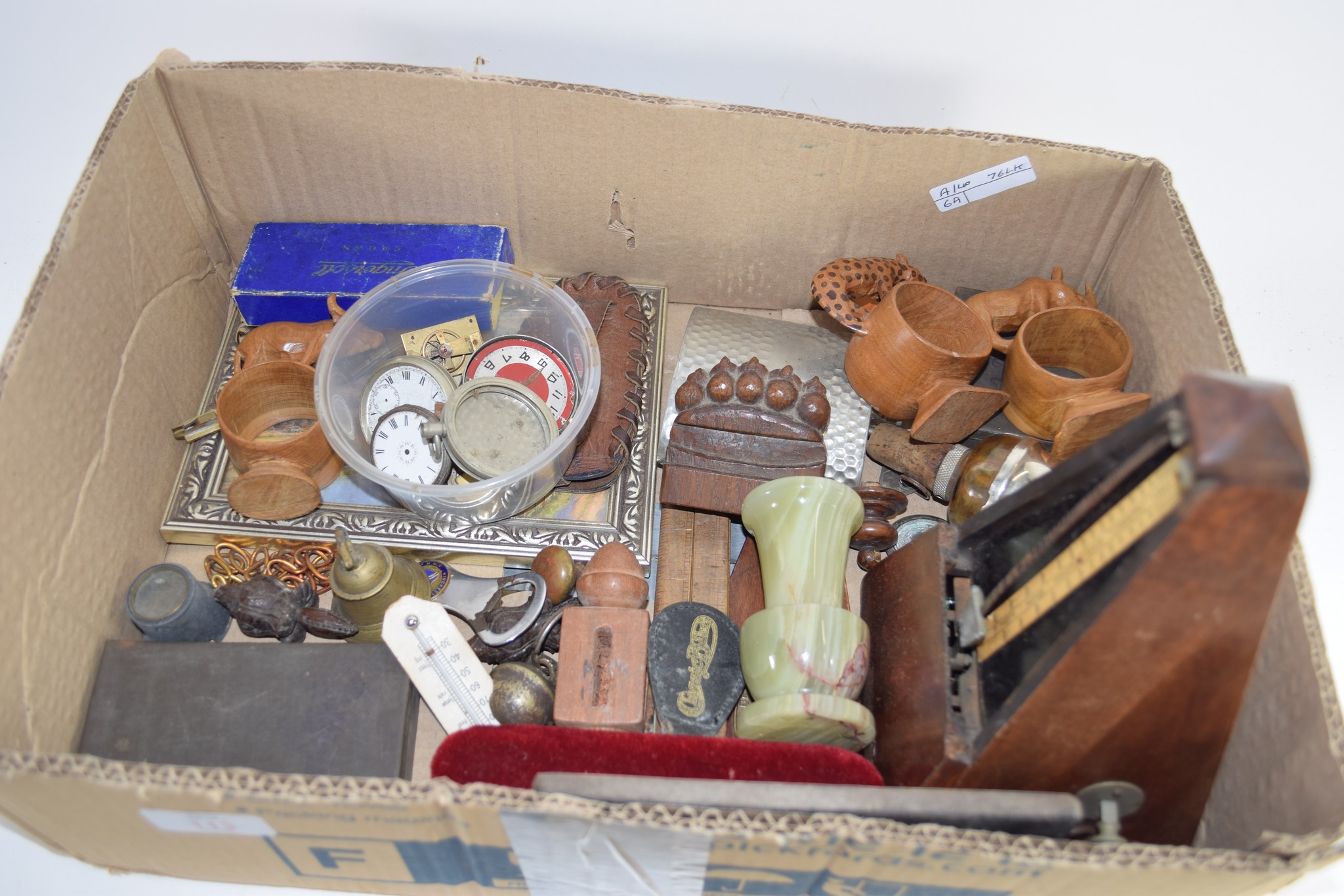 BOX CONTAINING METAL WARES INCLUDING PHOTO FRAME, SMALL BOX CONTAINING WATCH PARTS, METRONOME ETC