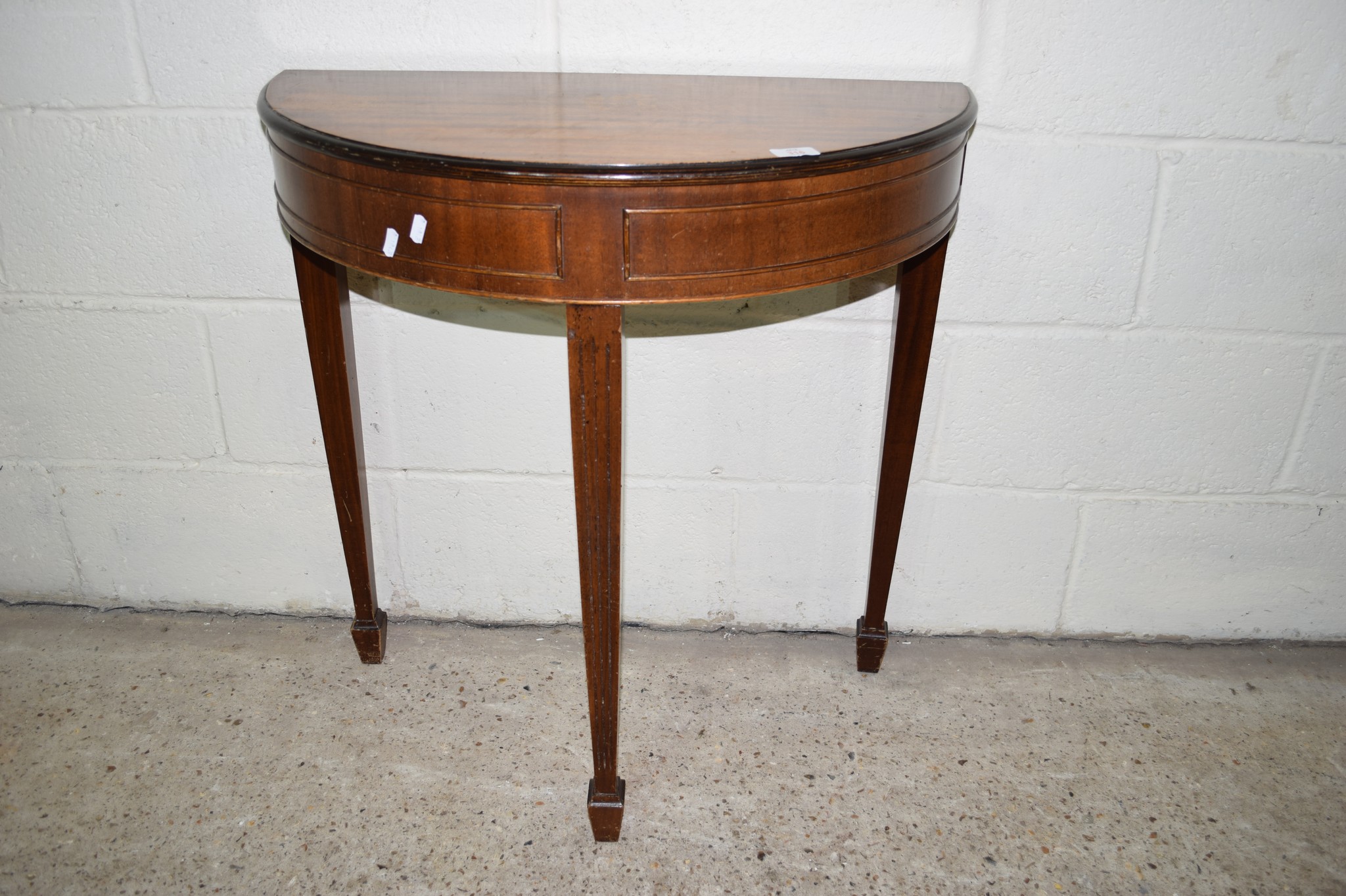 REPRODUCTION STAINED WOOD DEMI-LUNE TABLE, WIDTH APPROX 74CM