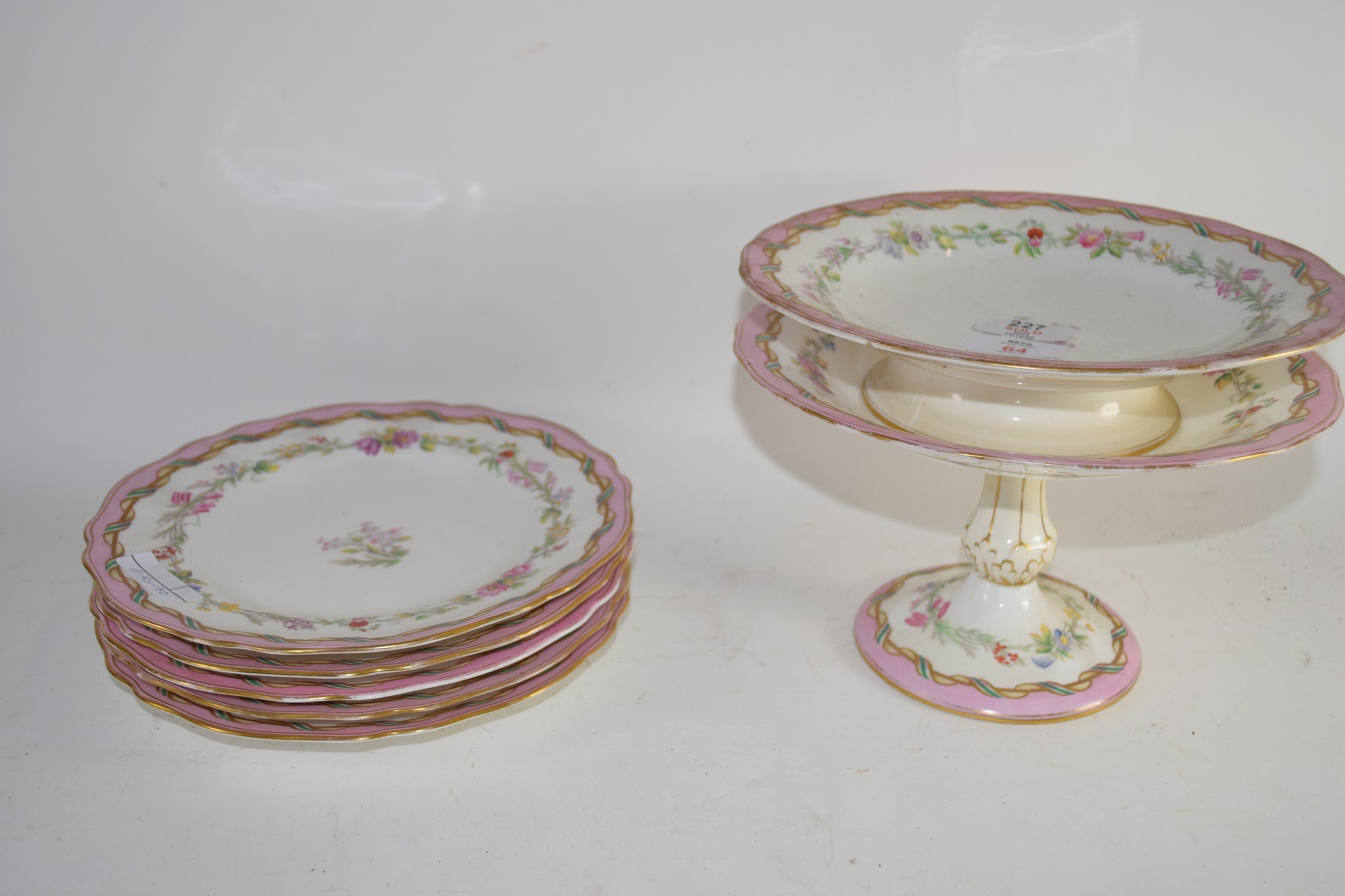 PART COPELAND LATE 19TH CENTURY TEA SET COMPRISING 5 PLATES, SMALL SERVING PLATE AND A TAZZA