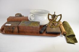 TRAY CONTAINING WOODEN BOXES, BELL ON WOODEN MOUNT ETC