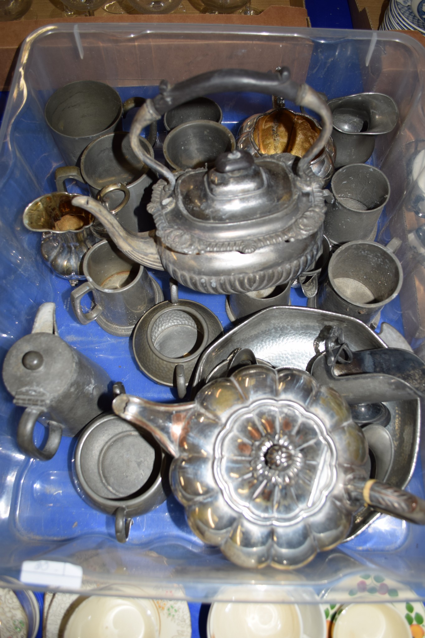 PLASTIC BOX CONTAINING PLATED WARES AND PEWTER MUGS