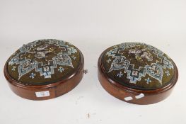 PAIR OF WOODEN FOOT STOOLS WITH EMBROIDERED CENTRES