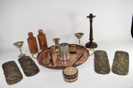 BOX CONTAINING METAL AND CERAMIC WARES, TWO GINGER BEER BOTTLES, PEWTER TANKARD, LARGE ART NOUVEAU