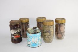 TRAY CONTAINING SEVERAL JARS OF MONEY, MAINLY UK PENNIES AND THREEPENNY PIECES, AND SOMS US DOLLARS