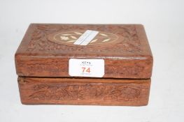 SMALL CARVED WOODEN BOX CONTAINING SMALL METAL PURSE, SOME COINAGE AND 1914-18 MEDAL, TOGETHER