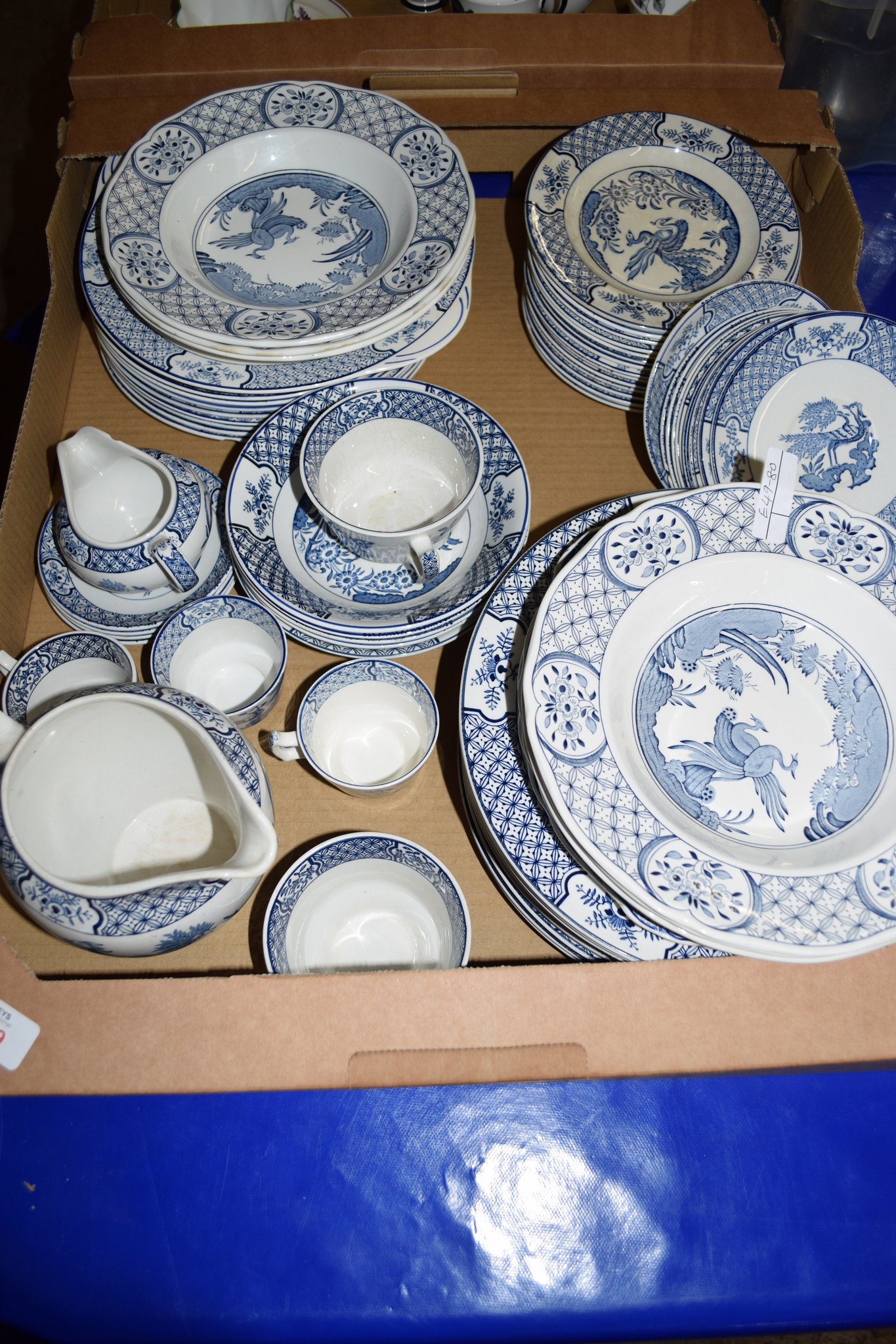 BOX CONTAINING DINNER AND TEA WARES, MAINLY IN THE OLD CHELSEA PATTERN BY FURNIVALS