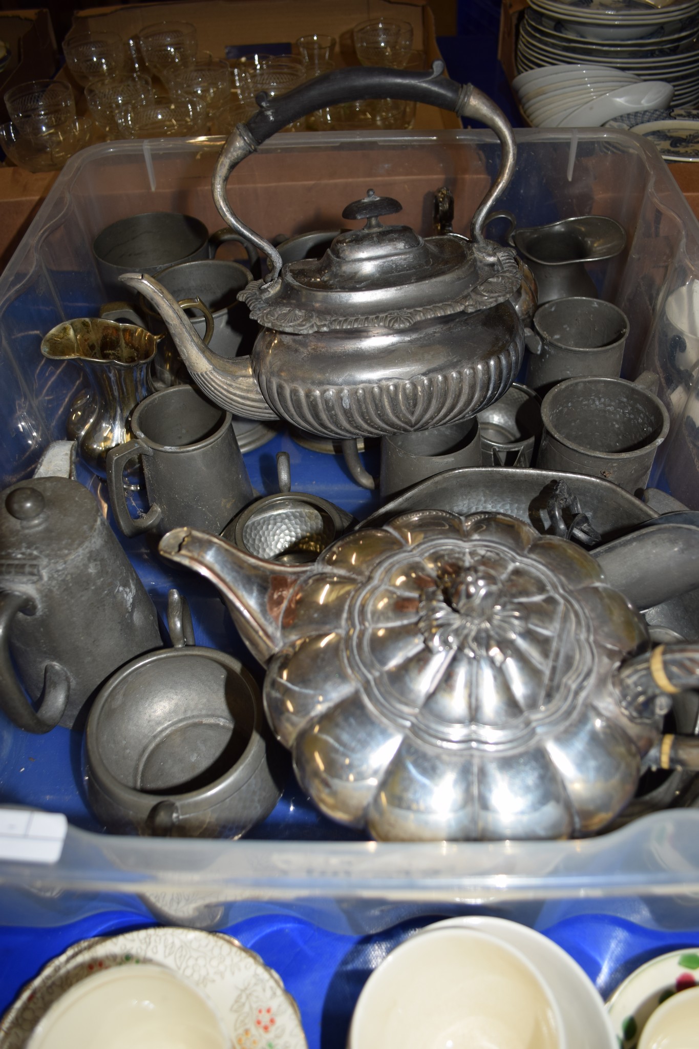 PLASTIC BOX CONTAINING PLATED WARES AND PEWTER MUGS - Image 2 of 2
