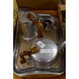 TRAY CONTAINING METAL PICQUOT WARE TEA POT, COFFEE POT, MILK JUG AND SUGAR BOWL