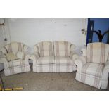 THREE PIECE SUITE COMPRISING TWO SEATER SOFA AND TWO CHAIRS, THE SOFA LENGTH APPROX 168CM
