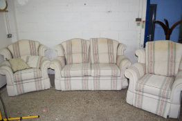 THREE PIECE SUITE COMPRISING TWO SEATER SOFA AND TWO CHAIRS, THE SOFA LENGTH APPROX 168CM