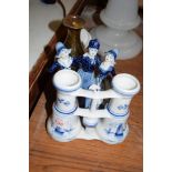 PAIR OF PORCELAIN BINOCULARS WITH DUTCH DELFT DESIGN, TOGETHER WITH A DUTCH DELFT FIGURE GROUP AND