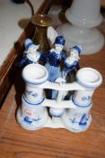 PAIR OF PORCELAIN BINOCULARS WITH DUTCH DELFT DESIGN, TOGETHER WITH A DUTCH DELFT FIGURE GROUP AND