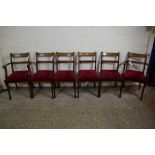 SET OF SIX REGENCY STYLE UPHOLSTERED DINING CHAIRS (4 CHAIRS + 2 CARVERS)