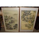 TWO LARGE ORIENTAL PRINTS OF PAGODAS AND LANDSCAPES