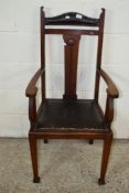 LEATHER UPHOLSTERED OAK HALL CHAIR, HEIGHT APPROX 114CM