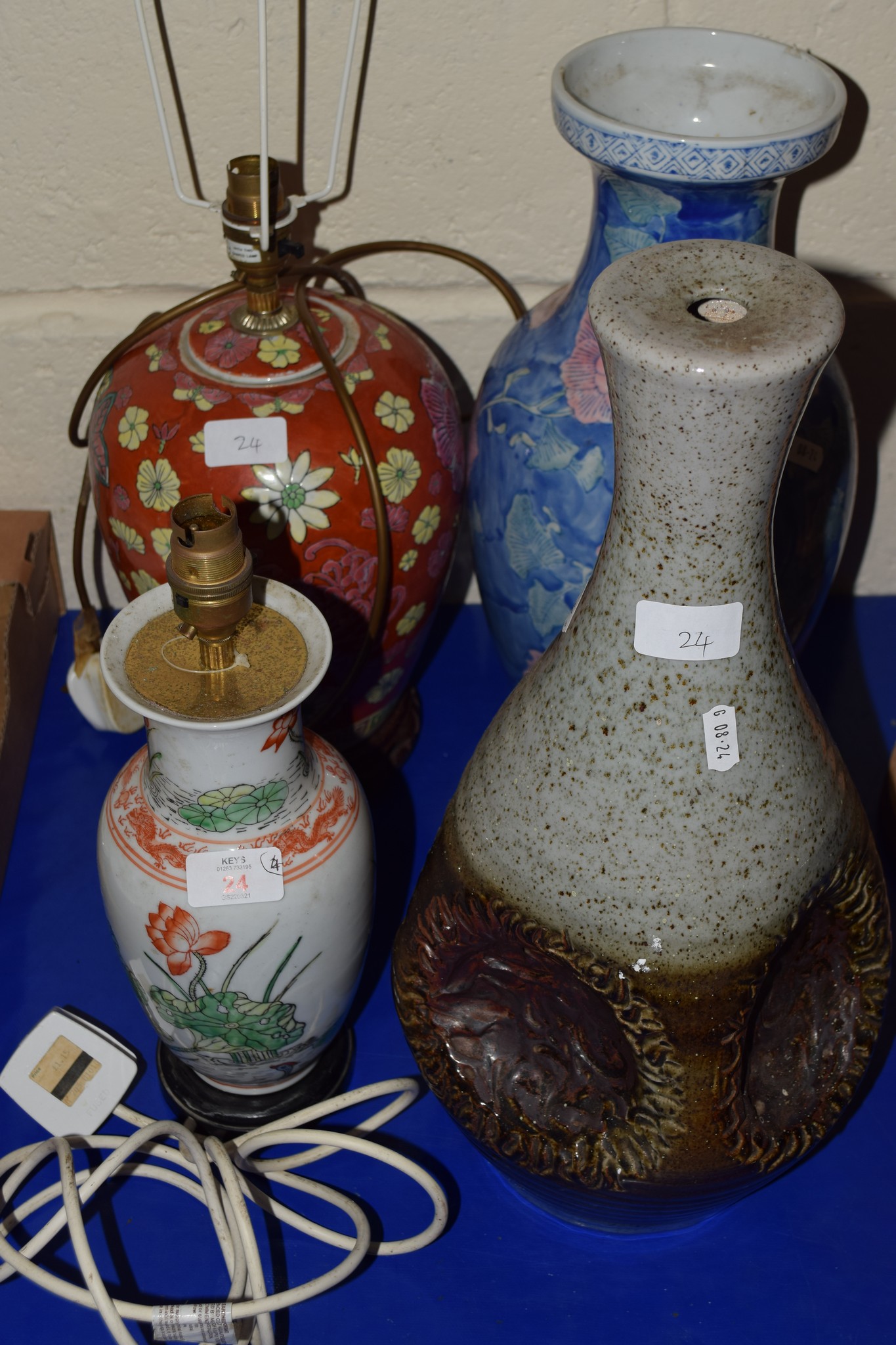 TABLE LAMPS AND A CHINESE BLUE GROUND VASE