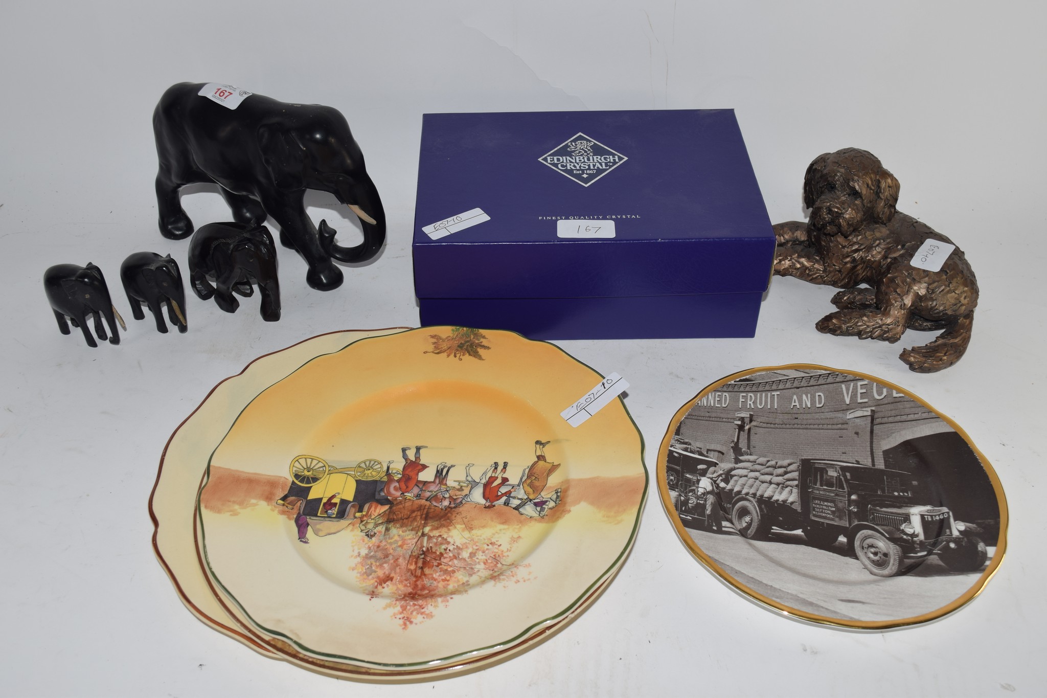 FOUR WOODEN ELEPHANTS, A BOX CONTAINING TWO EDINBURGH CRYSTAL GOBLETS ETC