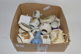 SMALL BOX CONTAINING MOTTO WARE, COMMEMORATIVE PIECES, POT LID FOR BEAR'S GREASE ETC