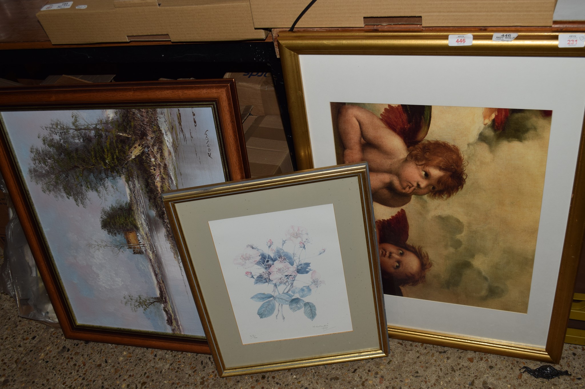 PRINTS IN GILT FRAMES AND AN OIL ON CANVAS OF A LANDSCAPE SCENE