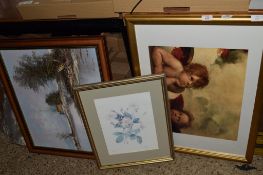 PRINTS IN GILT FRAMES AND AN OIL ON CANVAS OF A LANDSCAPE SCENE