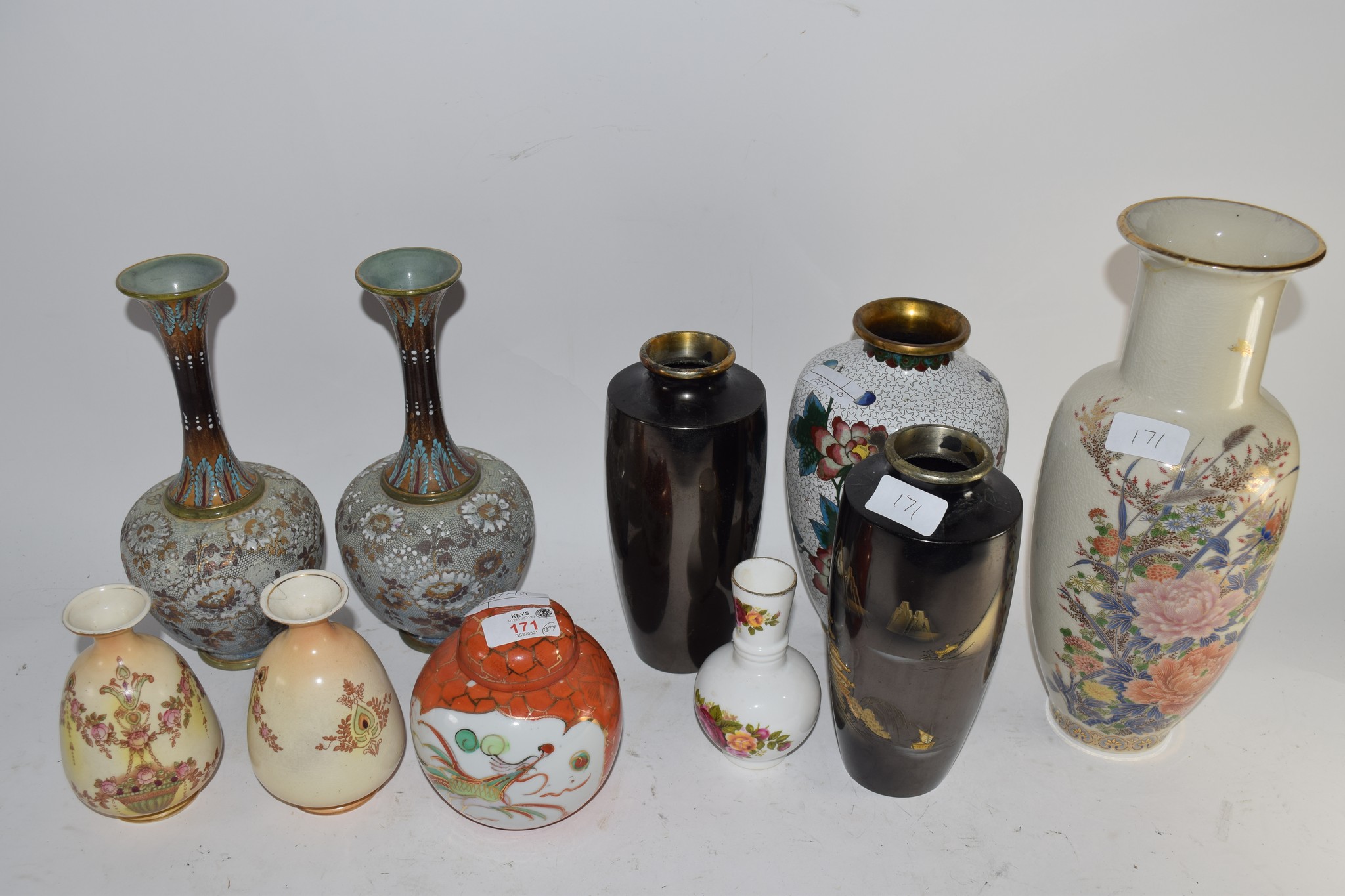 VASES INCLUDING PAIR OF DOULTON SLATERS PATENT VASES, PAIR OF JAPANESE METAL VASES WITH GILT