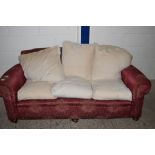 THREE SEATER SOFA RAISED ON MAHOGANY BUN FEET, LENGTH APPROX 182CM