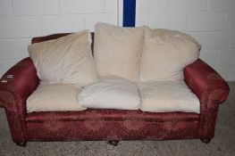 THREE SEATER SOFA RAISED ON MAHOGANY BUN FEET, LENGTH APPROX 182CM