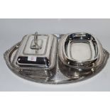 LARGE SILVER PLATED TRAY TOGETHER WITH SILVER PLATED SERVING DISH AND COVER ETC