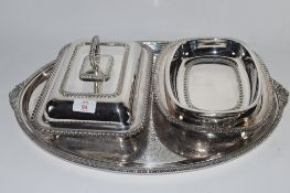 LARGE SILVER PLATED TRAY TOGETHER WITH SILVER PLATED SERVING DISH AND COVER ETC