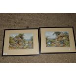 TWO PRINTS OF GARDEN SCENES IN BLACK WOODEN FRAMES