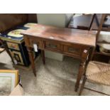 SMALL 19TH CENTURY SIDE TABLE WITH THREE DRAWERS RAISED OVER RING TURNED LEGS, LENGTH APPROX 79CM