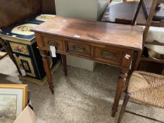 SMALL 19TH CENTURY SIDE TABLE WITH THREE DRAWERS RAISED OVER RING TURNED LEGS, LENGTH APPROX 79CM