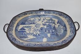 WARMING DISH WITH LARGE BLUE AND WHITE CERAMIC DISH