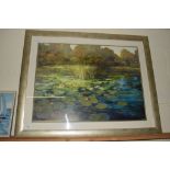 LARGE PRINT OF WATERLILIES AND GARDEN SCENE