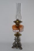 OIL LAMP WITH AMBER GLASS RESERVOIR AND GLASS CHIMNEY