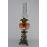 OIL LAMP WITH AMBER GLASS RESERVOIR AND GLASS CHIMNEY