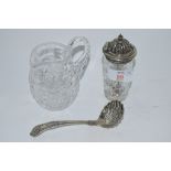 GLASS JUG WITH PLATED SPOON AND FURTHER CUT GLASS JAR WITH PLATED COVER