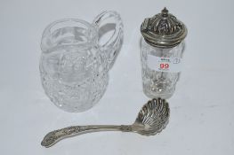 GLASS JUG WITH PLATED SPOON AND FURTHER CUT GLASS JAR WITH PLATED COVER