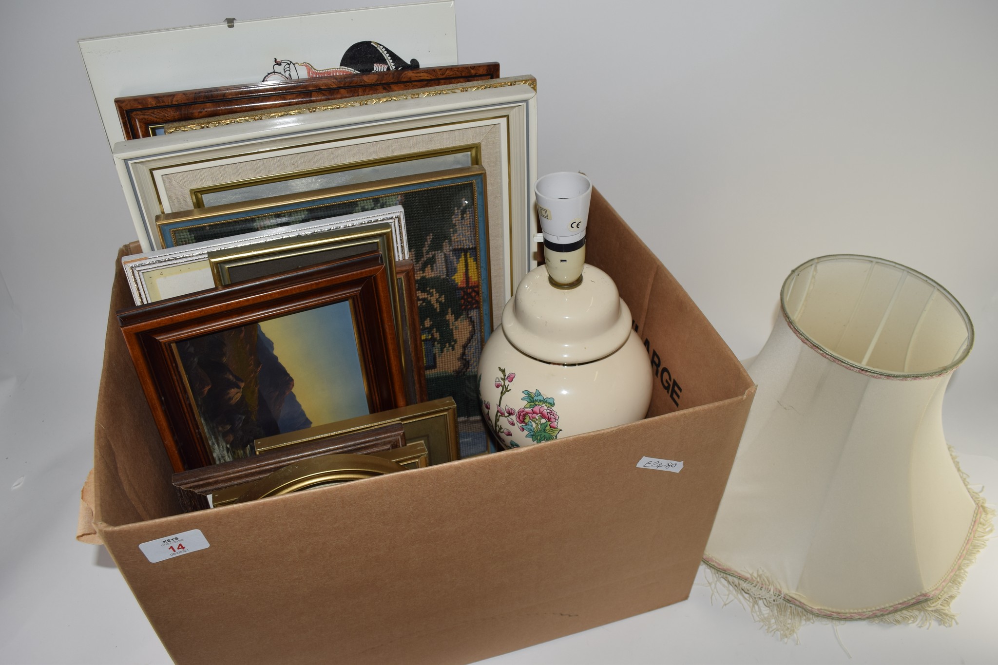 BOX CONTAINING PICTURES, SOME PRINTS, EMBROIDERY AND TABLE LAMP AND SHADE